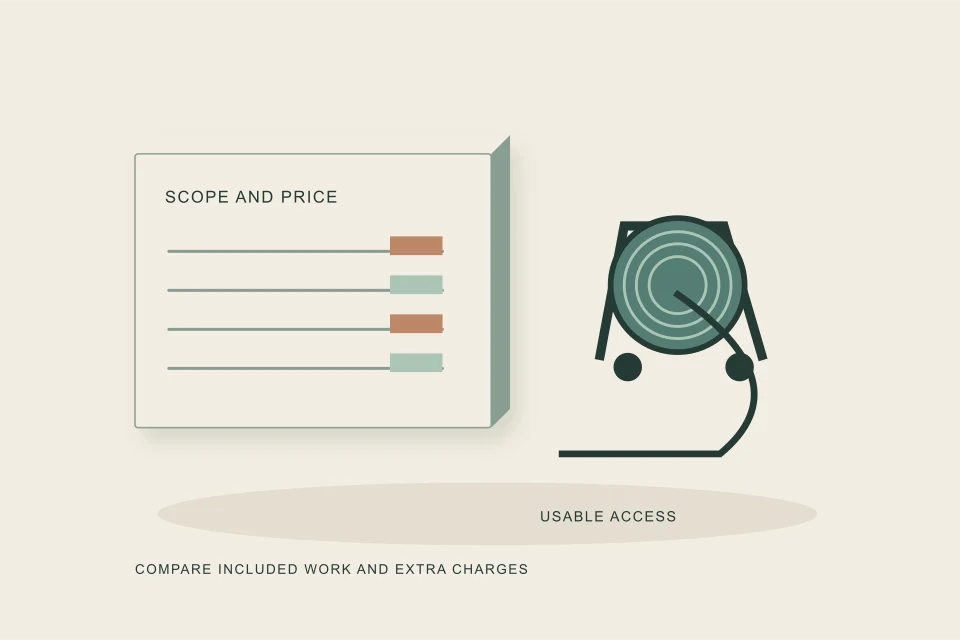 Conceptual illustration of a service-scope ledger follows the equipment reach and access route