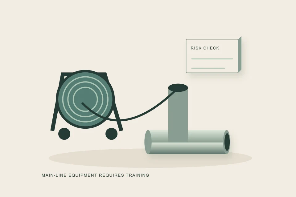Conceptual illustration of powered drain machine and risk-check scope at cleanout