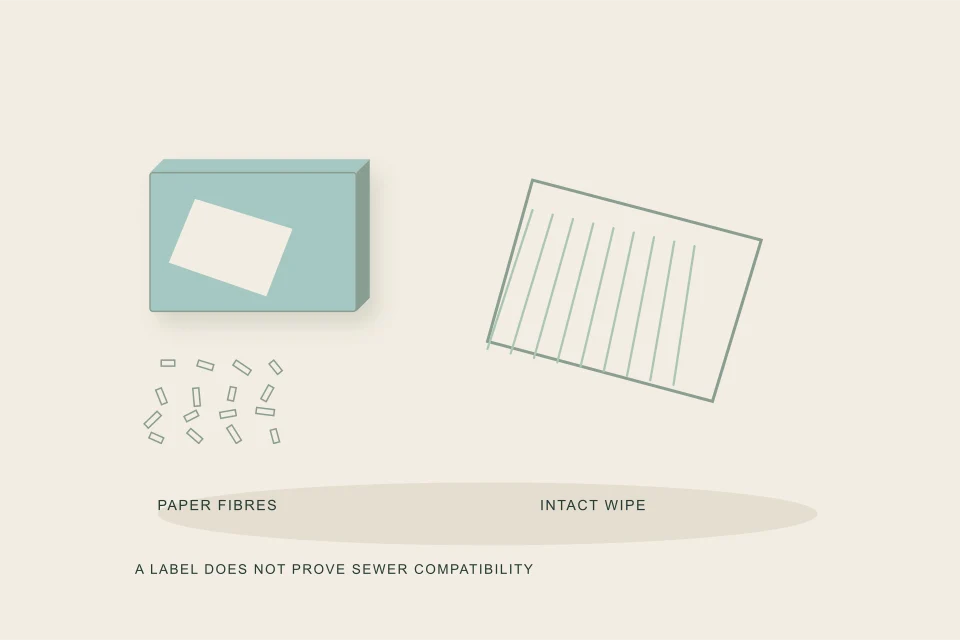 Conceptual illustration of paper disperses while a wipe stays as a strong woven sheet