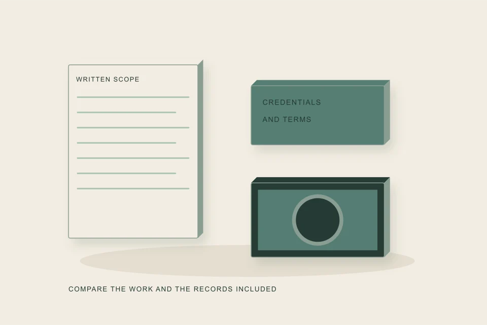 Conceptual illustration of contract scope credentials and inspection evidence on a desk
