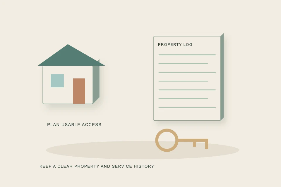 Conceptual illustration of rental-property keys access records and separate unit drains