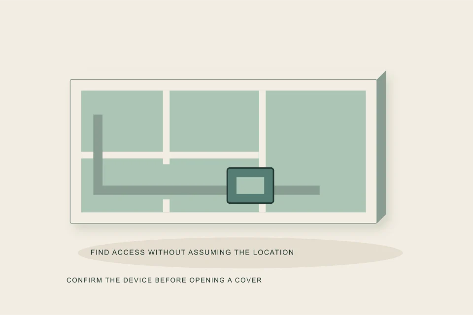Conceptual illustration of basement floor plan reveals a valve access cover on the drain route