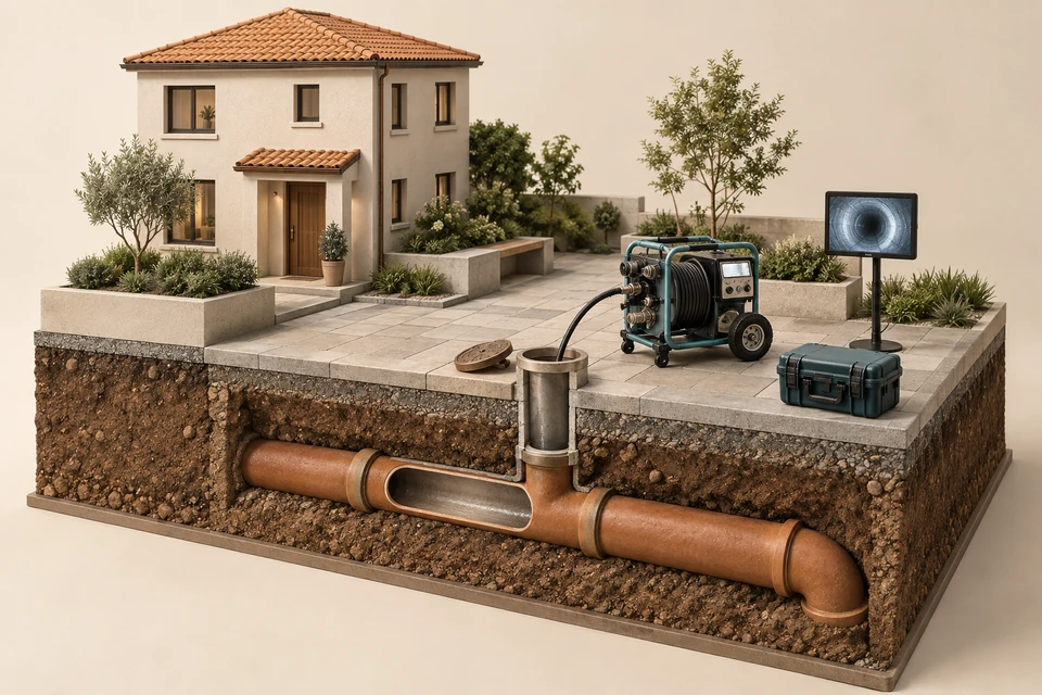 Original architectural courtyard cutaway with a cream building, professional hose cart, inspection monitor and exposed sewer cleanout and lateral
